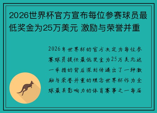 2026世界杯官方宣布每位参赛球员最低奖金为25万美元 激励与荣誉并重 2026世界杯官方宣布每位参赛球员最低奖金为25万美元 激励与荣誉并重